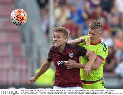 Martin Frydek, of Sparta, left to right, and Pontus Wernbloom of CSKA Moscow in action during the third qualifying round of the Champions League return match between AC Sparta Prague and CSKA Moscow in Prague, Czech Republic, on Wednesday, August 5, 2015. (CTKxPhoto KaterinaxSulova) CTKPhotoP201508050791601  suk6