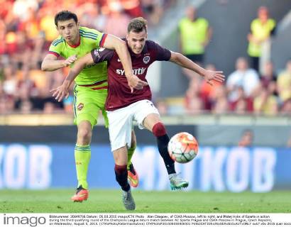 Alan Dzagoev, of CSKA Moscow, left to right, and Matej Hybs of Sparta in action during the third qualifying round of the Champions League return match between AC Sparta Prague and CSKA Moscow in Prague, Czech Republic, on Wednesday, August 5, 2015. (CTKxPhoto KaterinaxSulova) CTKPhotoP201508050808501  suk7