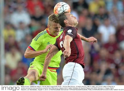 Pontus Wernbloom, of CSKA Moscow, left to right, and David Lafata of Sparta in action during the third qualifying round of the Champions League return match between AC Sparta Prague and CSKA Moscow in Prague, Czech Republic, on Wednesday, August 5, 2015. (CTKxPhoto KaterinaxSulova) CTKPhotoP201508050824301  suk10