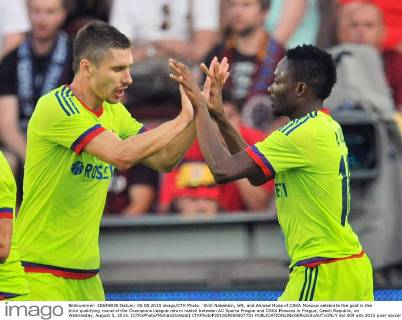 Kirill Nababkin, left, and Ahmed Musa of CSKA Moscow celebrate the goal in the third qualifying round of the Champions League return match between AC Sparta Prague and CSKA Moscow in Prague, Czech Republic, on Wednesday, August 5, 2015. (CTKxPhoto MichalxDolezal) CTKPhotoP201508050807701  dol 009