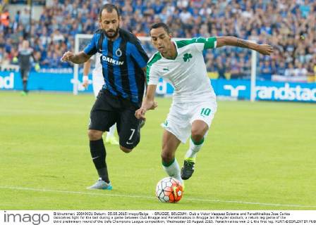 - BRUGGE, BELGIUM: Club s Victor Vazquez Solsona and Panathinaikos Jose Carlos Goncalves fight for the ball during a game between Club Brugge and Panathinaikos in Brugge Jan Breydel stadium, a return leg game of the third preliminary round of the Uefa Champions League competition, Wednesday 05 August 2015. Panathinaikos won 2-1 the first leg. KURTxDESPLENTER  x04676232x