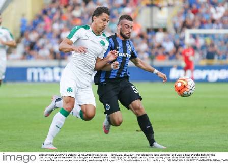 - BRUGGE, BELGIUM: Panathinaikos Jens Wemmer and Club s Tuur Dierckx fight for the ball during a game between Club Brugge and Panathinaikos in Brugge Jan Breydel stadium, a return leg game of the third preliminary round of the Uefa Champions League competition, Wednesday 05 August 2015. Panathinaikos won 2-1 the first leg. BRUNOxFAHY  x04676247x