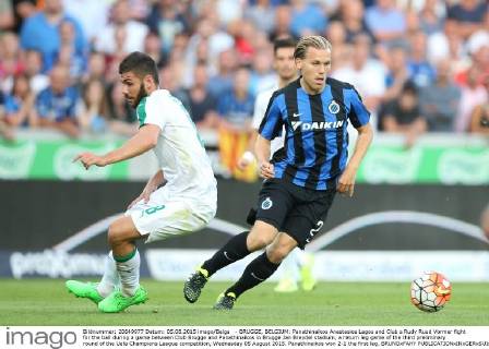 - BRUGGE, BELGIUM: Panathinaikos Anastasios Lagos and Club s Rudy Ruud Vormer fight for the ball during a game between Club Brugge and Panathinaikos in Brugge Jan Breydel stadium, a return leg game of the third preliminary round of the Uefa Champions League competition, Wednesday 05 August 2015. Panathinaikos won 2-1 the first leg. BRUNOxFAHY  x04676264x