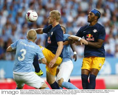 SOCCER - CL quali, Malmoe vs RBS MALMOE,SWEDEN,05.AUG.15 - UEFA Champions League, qualification, Malmoe FF vs Red Bull Salzburg. Image shows Anton Tinnerholm (Malmoe), Martin Hinteregger and Paulo Miranda (RBS). GEPAxpictures xFelixxRoittner