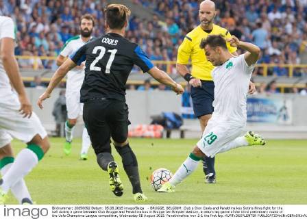 - BRUGGE, BELGIUM: Club s Dion Cools and Panathinaikos Sotiris Ninis fight for the ball during a game between Club Brugge and Panathinaikos in Brugge Jan Breydel stadium, a return leg game of the third preliminary round of the Uefa Champions League competition, Wednesday 05 August 2015. Panathinaikos won 2-1 the first leg. KURTxDESPLENTER  x04676285x