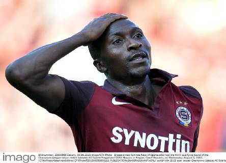 Disappointed Kehinde Fatai of Sparta after lost the third qualifying round of the Champions League return match between AC Sparta Prague and CSKA Moscow in Prague, Czech Republic, on Wednesday, August 5, 2015. (CTKxPhoto KaterinaxSulova) CTKPhotoP201508050850201  suk14