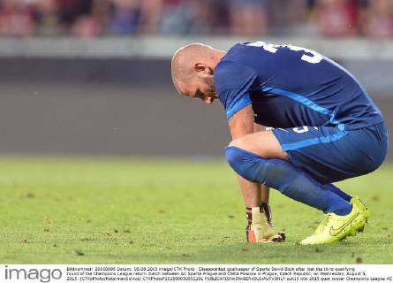 Disappointed goalkeeper of Sparta David Bicik after lost the third qualifying round of the Champions League return match between AC Sparta Prague and CSKA Moscow in Prague, Czech Republic, on Wednesday, August 5, 2015. (CTKxPhoto KaterinaxSulova) CTKPhotoP201508050852101  suk15