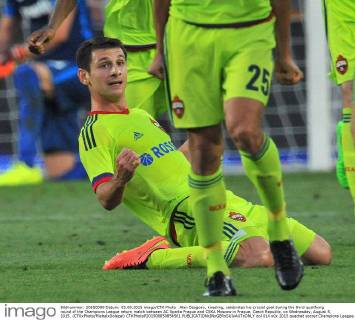 Alan Dzagoev, kneeling, celebrates his crucial goal during the third qualifying round of the Champions League return match between AC Sparta Prague and CSKA Moscow in Prague, Czech Republic, on Wednesday, August 5, 2015. (CTKxPhoto MichalxDolezal) CTKPhotoP201508050854501  dol 014