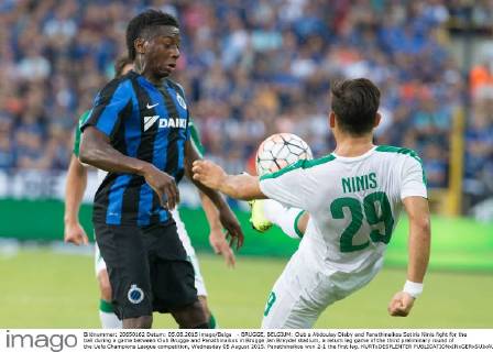 - BRUGGE, BELGIUM: Club s Abdoulay Diaby and Panathinaikos Sotiris Ninis fight for the ball during a game between Club Brugge and Panathinaikos in Brugge Jan Breydel stadium, a return leg game of the third preliminary round of the Uefa Champions League competition, Wednesday 05 August 2015. Panathinaikos won 2-1 the first leg. KURTxDESPLENTER  x04676269x