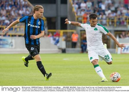 - BRUGGE, BELGIUM: Club s Rudy Ruud Vormer and Panathinaikos Sotiris Ninis fight for the ball during a game between Club Brugge and Panathinaikos in Brugge Jan Breydel stadium, a return leg game of the third preliminary round of the Uefa Champions League competition, Wednesday 05 August 2015. Panathinaikos won 2-1 the first leg. KURTxDESPLENTER  x04676270x