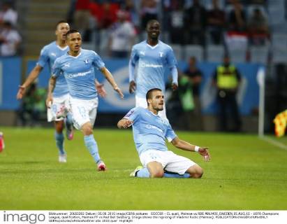 SOCCER - CL quali, Malmoe vs RBS MALMOE,SWEDEN,05.AUG.15 - UEFA Champions League, qualification, Malmoe FF vs Red Bull Salzburg. Image shows the rejoicing of Vladimir Rodic (Malmoe). GEPAxpictures xFelixxRoittner