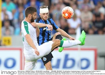 - BRUGGE, BELGIUM: Panathinaikos Anastasios Lagos and Club s Laurens De Bock fight for the ball during a game between Club Brugge and Panathinaikos in Brugge Jan Breydel stadium, a return leg game of the third preliminary round of the Uefa Champions League competition, Wednesday 05 August 2015. Panathinaikos won 2-1 the first leg. BRUNOxFAHY  x04676298x