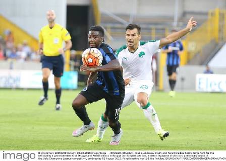- BRUGGE, BELGIUM: Club s Abdoulay Diaby and Panathinaikos Sotiris Ninis fight for the ball during a game between Club Brugge and Panathinaikos in Brugge Jan Breydel stadium, a return leg game of the third preliminary round of the Uefa Champions League competition, Wednesday 05 August 2015. Panathinaikos won 2-1 the first leg. BRUNOxFAHY  x04676302x
