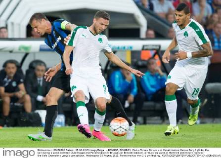 - BRUGGE, BELGIUM: Club s Timmy Simons and Panathinaikos Marcus Berg fight for the ball during a game between Club Brugge and Panathinaikos in Brugge Jan Breydel stadium, a return leg game of the third preliminary round of the Uefa Champions League competition, Wednesday 05 August 2015. Panathinaikos won 2-1 the first leg. KURTxDESPLENTER  x04676327x