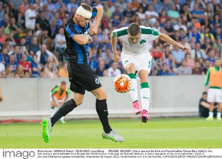 - BRUGGE, BELGIUM: Club s Laurens De Bock and Panathinaikos Marcus Berg fight for the ball during a game between Club Brugge and Panathinaikos in Brugge Jan Breydel stadium, a return leg game of the third preliminary round of the Uefa Champions League competition, Wednesday 05 August 2015. Panathinaikos won 2-1 the first leg. KURTxDESPLENTER  x04676320x