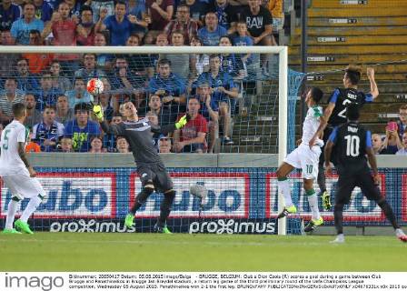 - BRUGGE, BELGIUM: Club s Dion Cools (R) scores a goal during a game between Club Brugge and Panathinaikos in Brugge Jan Breydel stadium, a return leg game of the third preliminary round of the Uefa Champions League competition, Wednesday 05 August 2015. Panathinaikos won 2-1 the first leg. BRUNOxFAHY  x04676331x