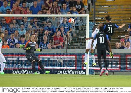 - BRUGGE, BELGIUM: Club s Dion Cools (R) scores a goal during a game between Club Brugge and Panathinaikos in Brugge Jan Breydel stadium, a return leg game of the third preliminary round of the Uefa Champions League competition, Wednesday 05 August 2015. Panathinaikos won 2-1 the first leg. BRUNOxFAHY  x04676329x