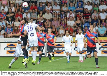 Aidin Mahmutovic of Plzen, left, and Tal Ben Haim of Maccabi Tel Aviv heading during the third qualifying round of the Champions League return match between FC Viktoria Plzen and Maccabi Tel Aviv FC in Pilsen, Czech Republic, on Wednesday, August 5, 2015. (CTKxPhoto StanislavxKolarik) CTKPhotoF201508051016301 