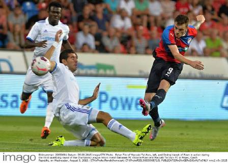 Eytan Tibi of Maccabi Tel Aviv, left, and Ondrej Vanek of Plzen in action during the third qualifying round of the Champions League return match between FC Viktoria Plzen and Maccabi Tel Aviv FC in Pilsen, Czech Republic, on Wednesday, August 5, 2015. (CTKxPhoto PavelxNemecek) CTKPhotoP201508050887101  nmc2