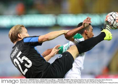 - BRUGGE, BELGIUM: Club s Rudy Ruud Vormer and Panathinaikos Jose Carlos Goncalves fight for the ball during a game between Club Brugge and Panathinaikos in Brugge Jan Breydel stadium, a return leg game of the third preliminary round of the Uefa Champions League competition, Wednesday 05 August 2015. Panathinaikos won 2-1 the first leg. BRUNOxFAHY  x04676387x