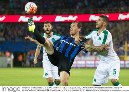 - BRUGGE, BELGIUM: Club s Tom De Sutter and Panathinaikos Marcus Berg fight for the ball during a game between Club Brugge and Panathinaikos in Brugge Jan Breydel stadium, a return leg game of the third preliminary round of the Uefa Champions League competition, Wednesday 05 August 2015. Panathinaikos won 2-1 the first leg. KURTxDESPLENTER  x04676381x