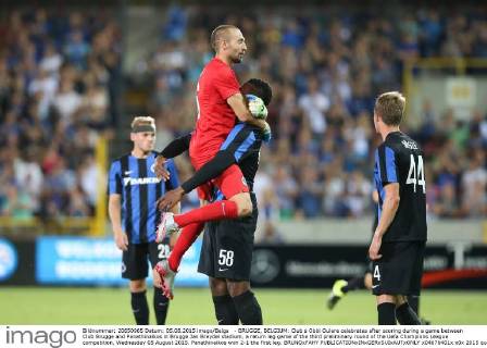 - BRUGGE, BELGIUM: Club s Obbi Oulare celebrates after scoring during a game between Club Brugge and Panathinaikos in Brugge Jan Breydel stadium, a return leg game of the third preliminary round of the Uefa Champions League competition, Wednesday 05 August 2015. Panathinaikos won 2-1 the first leg. BRUNOxFAHY  x04676401x