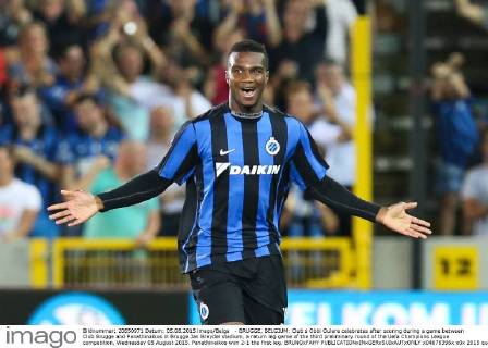 - BRUGGE, BELGIUM: Club s Obbi Oulare celebrates after scoring during a game between Club Brugge and Panathinaikos in Brugge Jan Breydel stadium, a return leg game of the third preliminary round of the Uefa Champions League competition, Wednesday 05 August 2015. Panathinaikos won 2-1 the first leg. BRUNOxFAHY  x04676396x