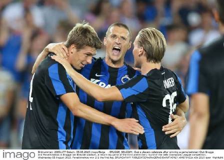 - BRUGGE, BELGIUM: Club s players celebrate after winning a game between Club Brugge and Panathinaikos in Brugge Jan Breydel stadium, a return leg game of the third preliminary round of the Uefa Champions League competition, Wednesday 05 August 2015. Panathinaikos won 2-1 the first leg. BRUNOxFAHY  x04676431x