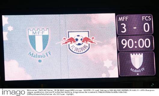 SOCCER - CL quali, Malmoe vs RBS MALMOE,SWEDEN,05.AUG.15 - UEFA Champions League, qualification, Malmoe FF vs Red Bull Salzburg. Image shows the scoreboard. GEPAxpictures xFelixxRoittner
