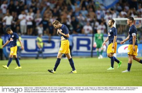 SOCCER - CL quali, Malmoe vs RBS MALMOE,SWEDEN,05.AUG.15 - UEFA Champions League, qualification, Malmoe FF vs Red Bull Salzburg. Image shows the disappointment of Benno Schmitz (RBS). GEPAxpictures xFelixxRoittner