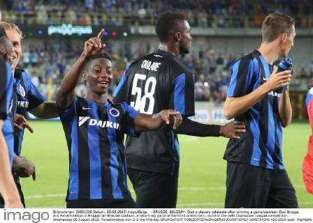 - BRUGGE, BELGIUM: Club s players celebrate after winning a game between Club Brugge and Panathinaikos in Brugge Jan Breydel stadium, a return leg game of the third preliminary round of the Uefa Champions League competition, Wednesday 05 August 2015. Panathinaikos won 2-1 the first leg. BRUNOxFAHY  x04676434x