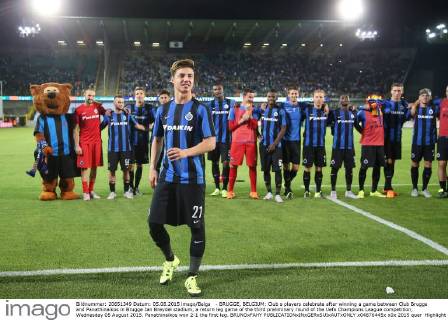 - BRUGGE, BELGIUM: Club s players celebrate after winning a game between Club Brugge and Panathinaikos in Brugge Jan Breydel stadium, a return leg game of the third preliminary round of the Uefa Champions League competition, Wednesday 05 August 2015. Panathinaikos won 2-1 the first leg. BRUNOxFAHY  x04676445x
