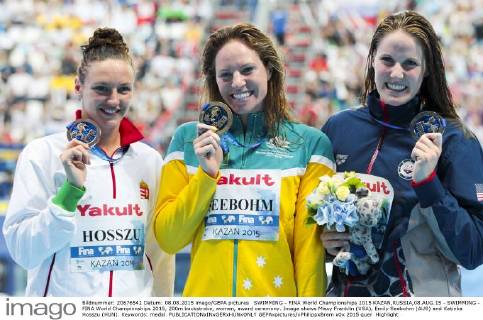 SWIMMING - FINA World Championships 2015 KAZAN,RUSSIA,08.AUG.15 - SWIMMING - FINA World Championships 2015, 200m backstroke, women, award ceremony. Image shows Missy Franklin (USA), Emily Seebohm (AUS) and Katinka Hosszu (HUN). Keywords: medal. GEPAxpictures xPhilippxBrem