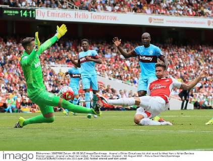 Arsenal s Olivier Giroud sees his shot saved by West Ham s Adrian Barclays Premier League - Arsenal vs West Ham United - Emirates Stadium -England - 9th August 2015 - Picture David Klein Sportimage EDITORIAL USE ONLY. No use with unauthorised audio, video, data, fixture lists, club league logos or live services. Online in-match use limited to 120 images, no video emulation. No use in betting, games or single club league player publications.