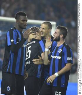 Vormer Rudy Ruud midfielder of Club Brugge celebrates with teammates after scoring pictured FOOTBALL : Bruges vs Courtrai- Jupiler League - 14 08 2015 PhotoNews Panoramic