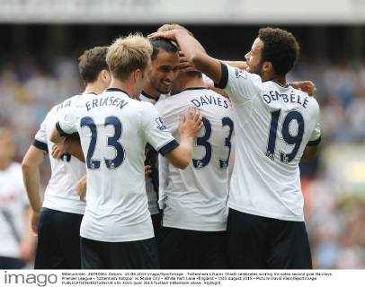 Tottenham s Nacer Chadli celebrates scoring his sides second goal Barclays Premier League - Tottenham Hotspur vs Stoke City - White Hart Lane -England - 15th August 2015 - Picture David Klein Sportimage EDITORIAL USE ONLY. No use with unauthorised audio, video, data, fixture lists, club league logos or live services. Online in-match use limited to 120 images, no video emulation. No use in betting, games or single club league player publications.