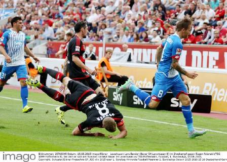 Leverkusen Lars Bender (Bayer 04 Leverkusen 8) im Zweikampf gegen Eugen Polanski (TSG 1899 Hoffenheim 8), bei dem er sich am Ruecken verletzt Bayer 04 Leverkusen vs TSG Hoffenheim, Fussball, 1. Bundesliga, 15.08.2015, Copyright: Schueler Eibner-Pressefoto EP_JSE