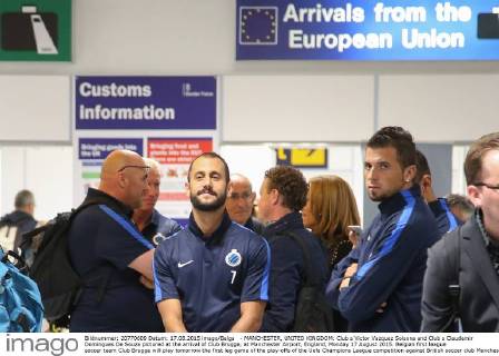 - MANCHESTER, UNITED KINGDOM: Club s Victor Vazquez Solsona and Club s Claudemir Domingues De Souza pictured at the arrival of Club Brugge, at Manchester Airport, England, Monday 17 August 2015. Belgian first league soccer team Club Brugge will play tomorrow the first leg game of the play-offs of the Uefa Champions League competition against British soccer club Manchester United ManU BRUNOxFAHY x04682179x