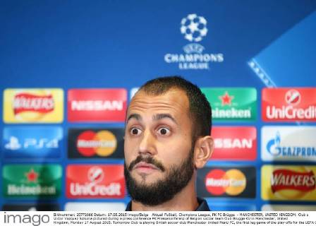Aktuell Fußball, Champions League, PK FC Brügge - MANCHESTER, UNITED KINGDOM: Club s Victor Vazquez Solsona pictured during a press conference PK Pressekonferenz of Belgian soccer team Club Brugge KV in Manchester, United Kingdom, Monday 17 August 2015. Tomorrow Club is playing British soccer club Manchester United ManU FC, the first leg game of the play-offs for the UEFA Champions League competition. BRUNOxFAHY  x04682352x