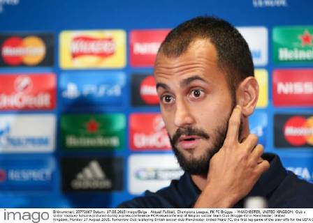 Aktuell Fußball, Champions League, PK FC Brügge - MANCHESTER, UNITED KINGDOM: Club s Victor Vazquez Solsona pictured during a press conference PK Pressekonferenz of Belgian soccer team Club Brugge KV in Manchester, United Kingdom, Monday 17 August 2015. Tomorrow Club is playing British soccer club Manchester United ManU FC, the first leg game of the play-offs for the UEFA Champions League competition. BRUNOxFAHY  x04682354x