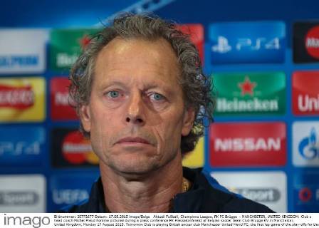 Aktuell Fußball, Champions League, PK FC Brügge - MANCHESTER, UNITED KINGDOM: Club s head coach Michel Preud homme pictured during a press conference PK Pressekonferenz of Belgian soccer team Club Brugge KV in Manchester, United Kingdom, Monday 17 August 2015. Tomorrow Club is playing British soccer club Manchester United ManU FC, the first leg game of the play-offs for the UEFA Champions League competition. BRUNOxFAHY  x04682356x