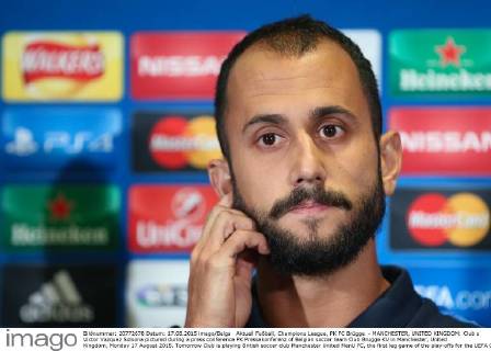 Aktuell Fußball, Champions League, PK FC Brügge - MANCHESTER, UNITED KINGDOM: Club s Victor Vazquez Solsona pictured during a press conference PK Pressekonferenz of Belgian soccer team Club Brugge KV in Manchester, United Kingdom, Monday 17 August 2015. Tomorrow Club is playing British soccer club Manchester United ManU FC, the first leg game of the play-offs for the UEFA Champions League competition. BRUNOxFAHY  x04682357x
