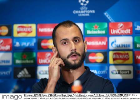 Aktuell Fußball, Champions League, PK FC Brügge - MANCHESTER, UNITED KINGDOM: Club s Victor Vazquez Solsona pictured during a press conference PK Pressekonferenz of Belgian soccer team Club Brugge KV in Manchester, United Kingdom, Monday 17 August 2015. Tomorrow Club is playing British soccer club Manchester United ManU FC, the first leg game of the play-offs for the UEFA Champions League competition. BRUNOxFAHY  x04682358x
