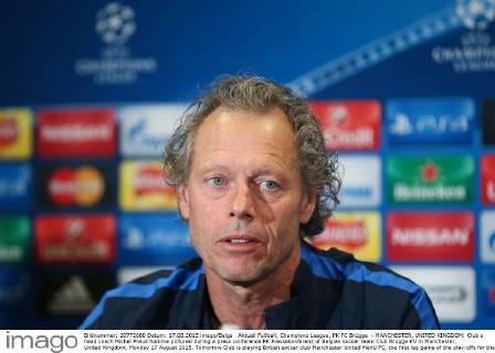 Aktuell Fußball, Champions League, PK FC Brügge - MANCHESTER, UNITED KINGDOM: Club s head coach Michel Preud homme pictured during a press conference PK Pressekonferenz of Belgian soccer team Club Brugge KV in Manchester, United Kingdom, Monday 17 August 2015. Tomorrow Club is playing British soccer club Manchester United ManU FC, the first leg game of the play-offs for the UEFA Champions League competition. BRUNOxFAHY  x04682359x
