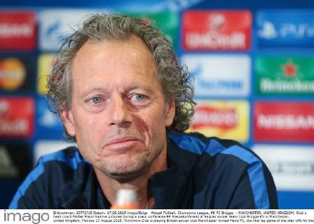 Aktuell Fußball, Champions League, PK FC Brügge - MANCHESTER, UNITED KINGDOM: Club s head coach Michel Preud homme pictured during a press conference PK Pressekonferenz of Belgian soccer team Club Brugge KV in Manchester, United Kingdom, Monday 17 August 2015. Tomorrow Club is playing British soccer club Manchester United ManU FC, the first leg game of the play-offs for the UEFA Champions League competition. BRUNOxFAHY  x04682361x