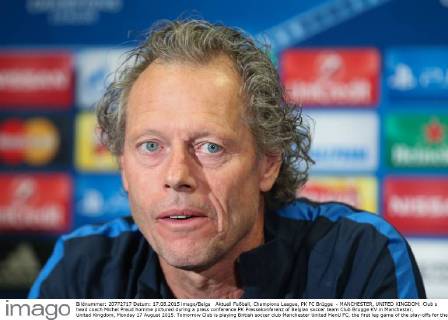 Aktuell Fußball, Champions League, PK FC Brügge - MANCHESTER, UNITED KINGDOM: Club s head coach Michel Preud homme pictured during a press conference PK Pressekonferenz of Belgian soccer team Club Brugge KV in Manchester, United Kingdom, Monday 17 August 2015. Tomorrow Club is playing British soccer club Manchester United ManU FC, the first leg game of the play-offs for the UEFA Champions League competition. BRUNOxFAHY  x04682363x