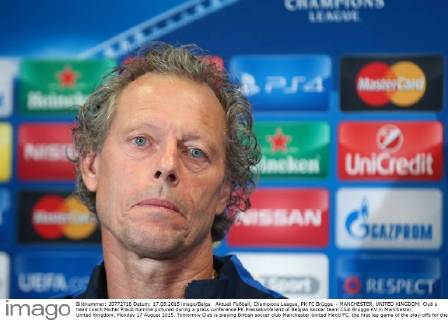 Aktuell Fußball, Champions League, PK FC Brügge - MANCHESTER, UNITED KINGDOM: Club s head coach Michel Preud homme pictured during a press conference PK Pressekonferenz of Belgian soccer team Club Brugge KV in Manchester, United Kingdom, Monday 17 August 2015. Tomorrow Club is playing British soccer club Manchester United ManU FC, the first leg game of the play-offs for the UEFA Champions League competition. BRUNOxFAHY  x04682364x
