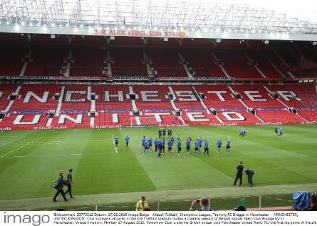 Aktuell Fußball, Champions League, Training FC Brügge in Manchester - MANCHESTER, UNITED KINGDOM: Club s players pictured in the Old Trafford stadium during a training session of Belgian soccer team Club Brugge KV in Manchester, United Kingdom, Monday 17 August 2015. Tomorrow Club is playing British soccer club Manchester United ManU FC, the first leg game of the play-offs for the UEFA Champions League competition. BRUNOxFAHY  x04682379x