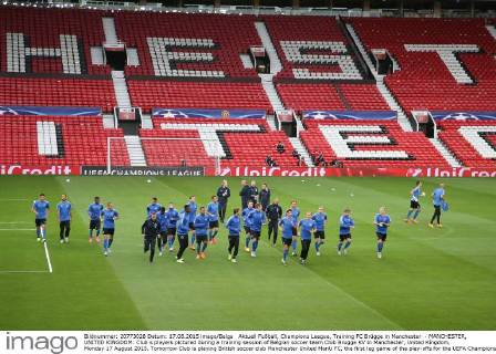 Aktuell Fußball, Champions League, Training FC Brügge in Manchester - MANCHESTER, UNITED KINGDOM: Club s players pictured during a training session of Belgian soccer team Club Brugge KV in Manchester, United Kingdom, Monday 17 August 2015. Tomorrow Club is playing British soccer club Manchester United ManU FC, the first leg game of the play-offs for the UEFA Champions League competition. BRUNOxFAHY  x04682380x