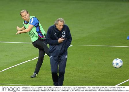 - MANCHESTER, UNITED KINGDOM: Club s Rudy Ruud Vormer and Club s head coach Michel Preud homme pictured during a training session of Belgian soccer team Club Brugge KV in Manchester, United Kingdom, Monday 17 August 2015. Tomorrow Club is playing British soccer club Manchester United ManU FC, the first leg game of the play-offs for the UEFA Champions League competition. BRUNOxFAHY x04682406x